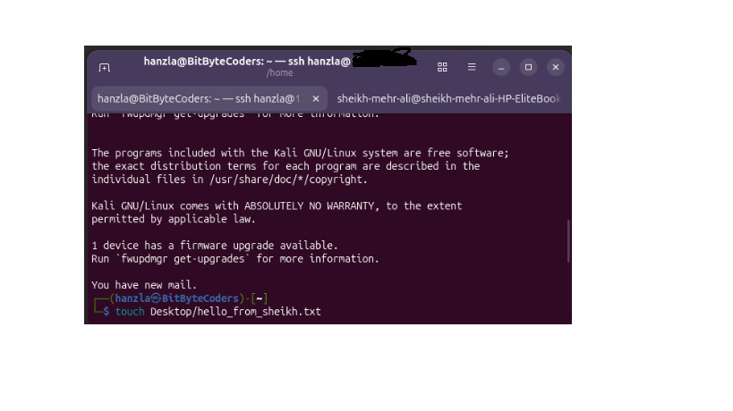 Successful remote SSH terminal session into Kali Linux
